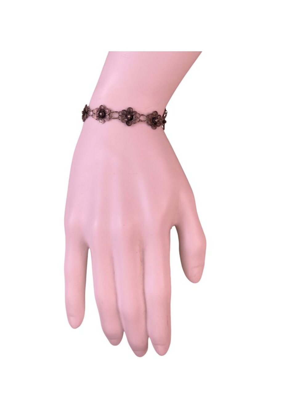 Vintage Womens Sterling Silver  Floral Link Oxidized  Bracelet